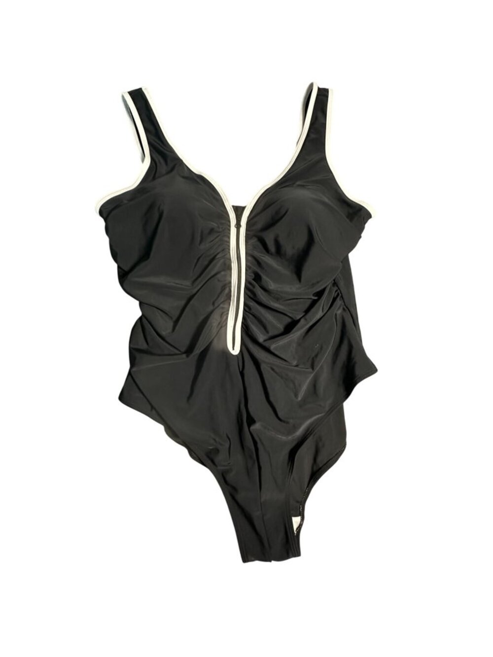 Black One-Piece Swimsuit White Trim Front Zipper 4XL Polyester-Spandex Blend